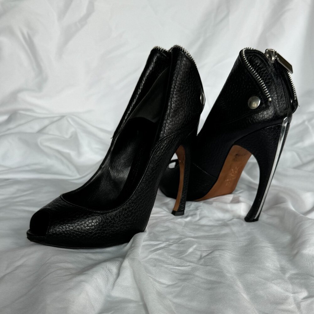 ALEXANDER MCQUEEN Faithful black leather zip biker peeptoe bootie EU37 - Picture 2 of 5